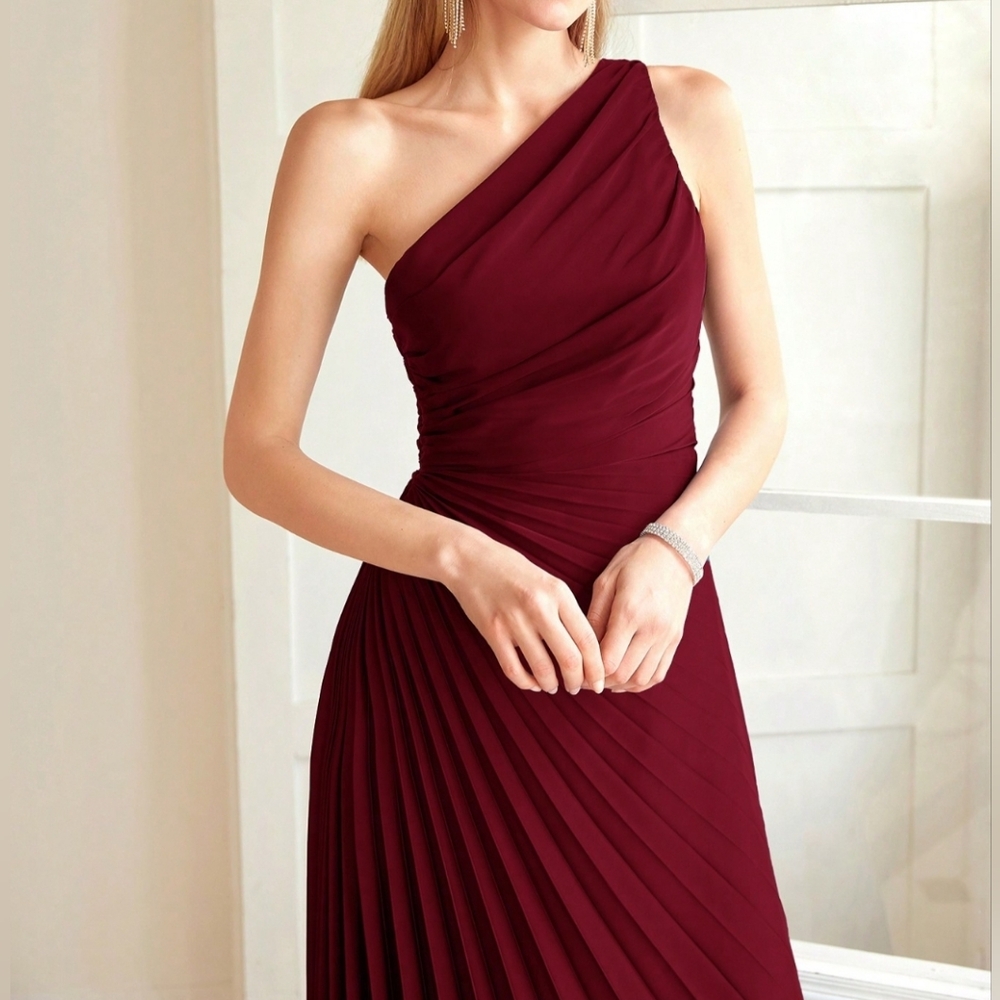 New Luxe One Shoulder Asymmetrical Hem Pleated Dress Evening Burgundy Red